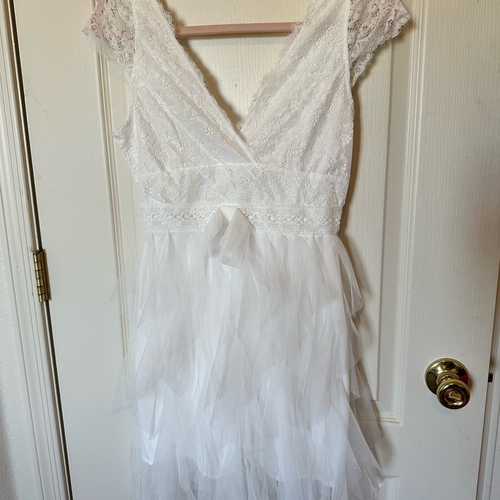 White Babydoll Dress with Flutter Sleeves and V-Neck for Bride